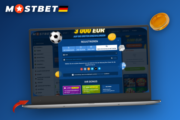 Mostbet Konto erstellen: ausgefülltes Anmeldeformular mit Währungsauswahl auf dem Laptop