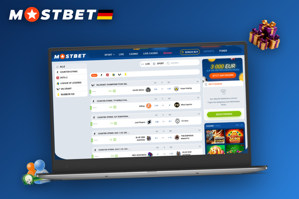 Persönlicher Mostbet Partner-Manager am Laptop mit Analytics-Dashboard im Hintergrund